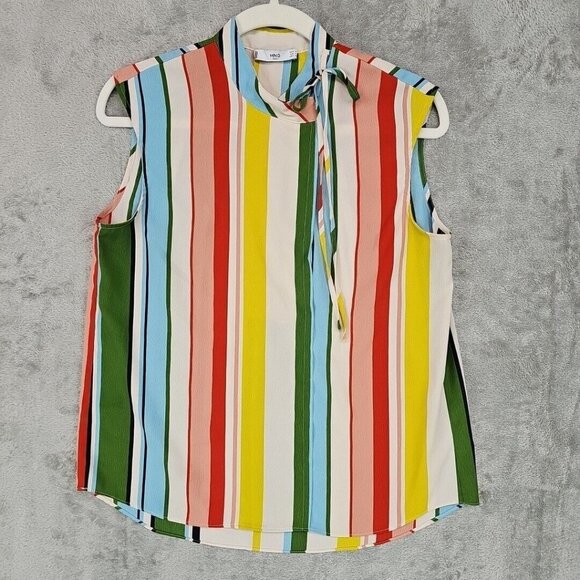 Mango Suit Top Womens 4 Multicolor Vertical Stripe Neck Tie Sleeveless Crepe - Picture 1 of 7